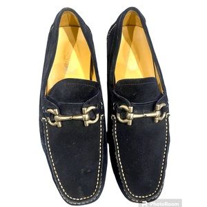 Ferragamo Navy Blue suede horse bit loafers